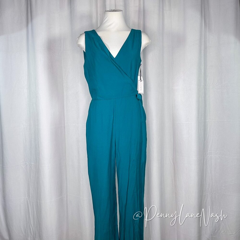 NWT 1.State Sleeveless Twill V Neck Wrap Jumpsuit Teal Size 2 - Picture 4 of 15